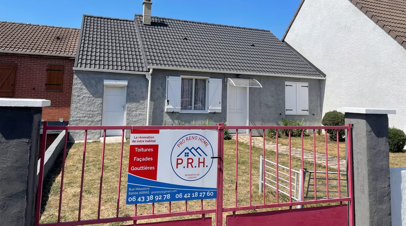 Maison grise au toit sombre avec un panneau Pro Réno Home fixé au portail rouge (Anzin-Saint-Aubin)