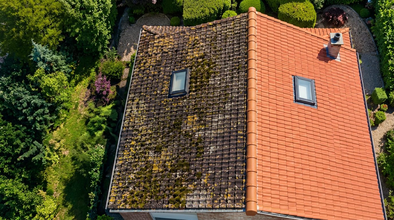 Toiture vue du ciel, moitié couverte de mousse et moitié nettoyée