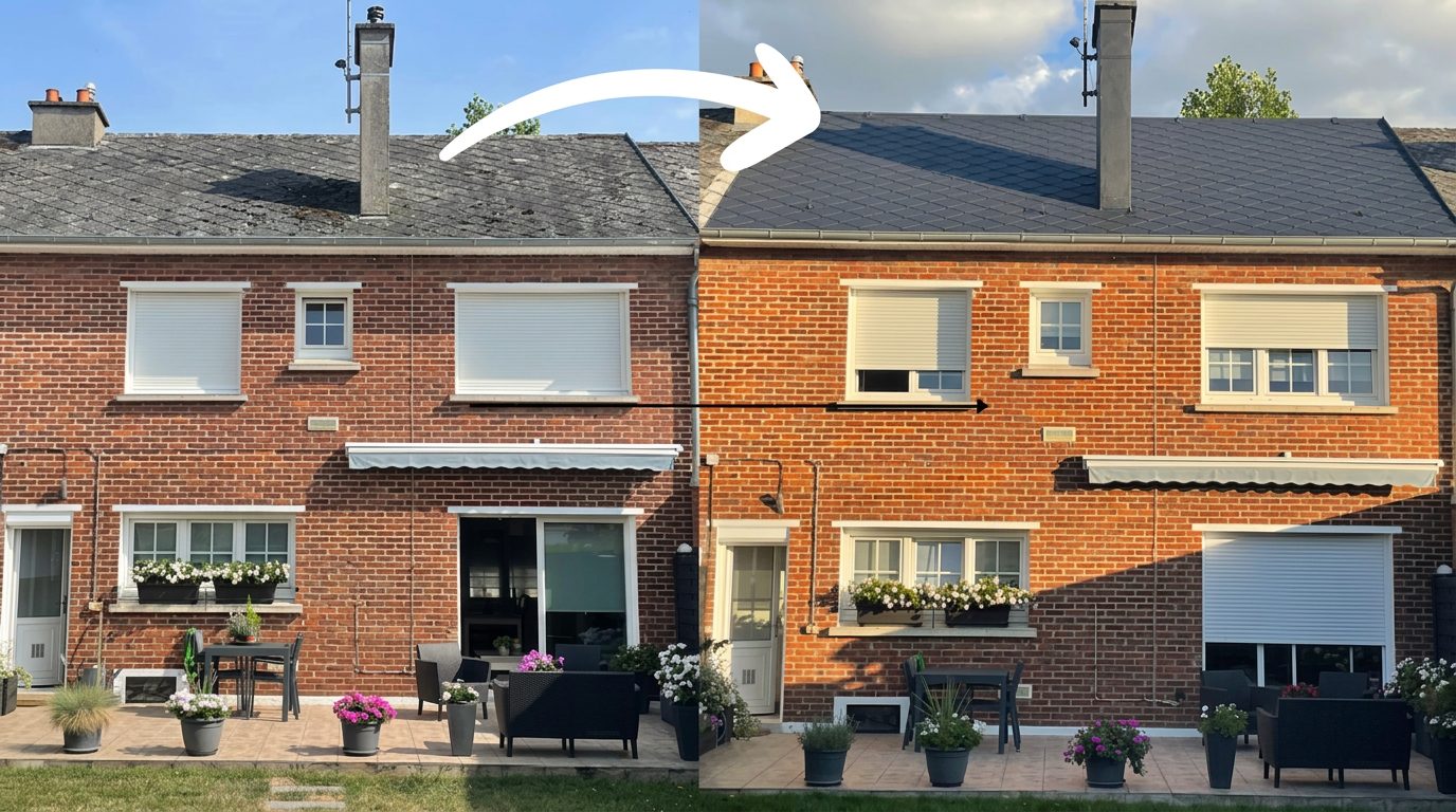 Maison en briques dont la toiture grise et marquée devient sombre et uniforme, avec une flèche blanche entre les deux vues