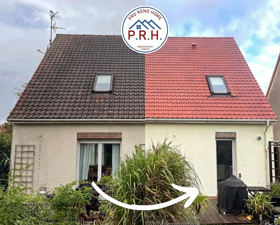 Montage avant et après d'une toiture en tuiles, sombre à gauche et rouge à droite (Arras)