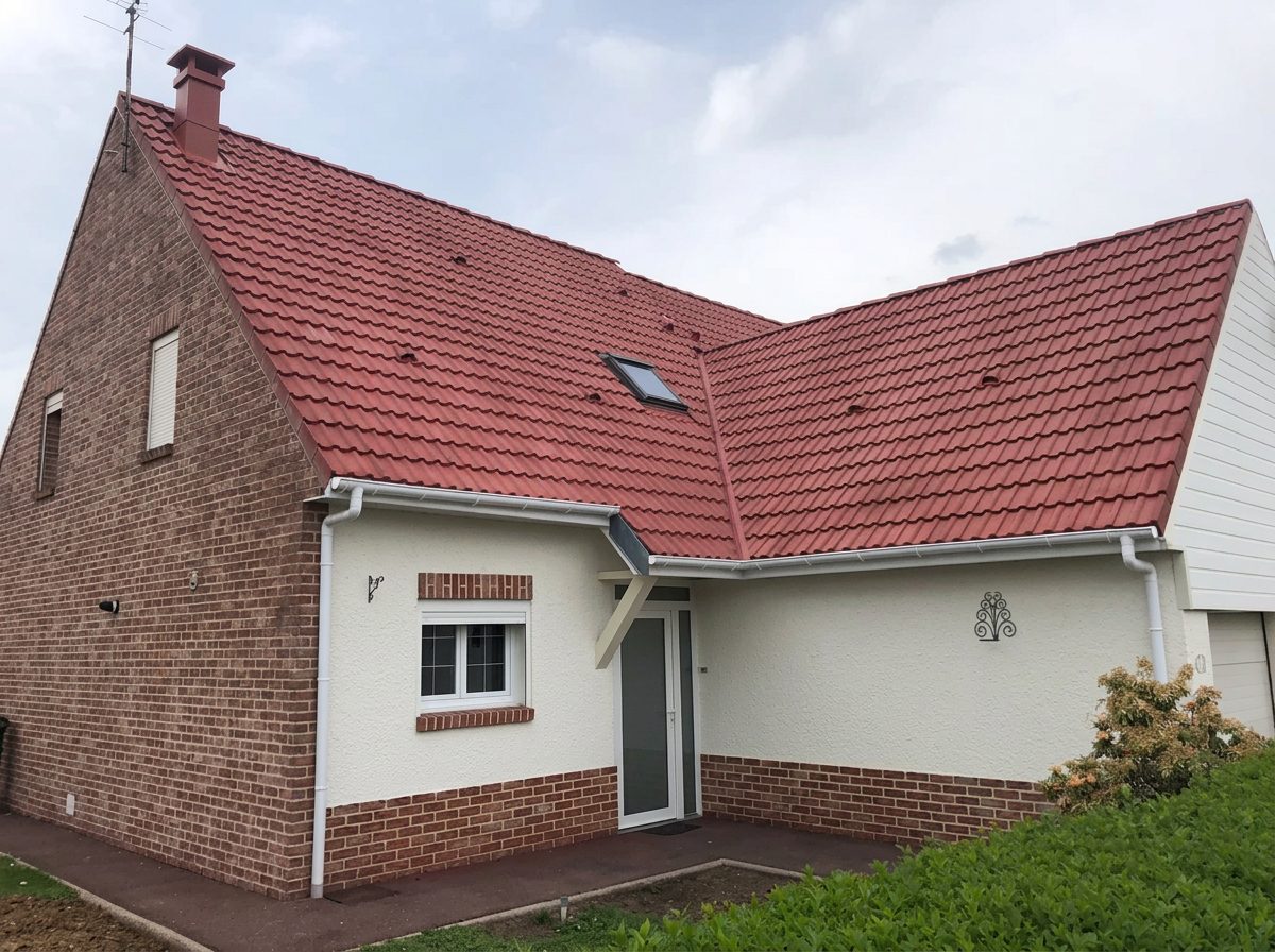 Maison à pignon en briques et toiture en tuiles rouges récemment entretenue