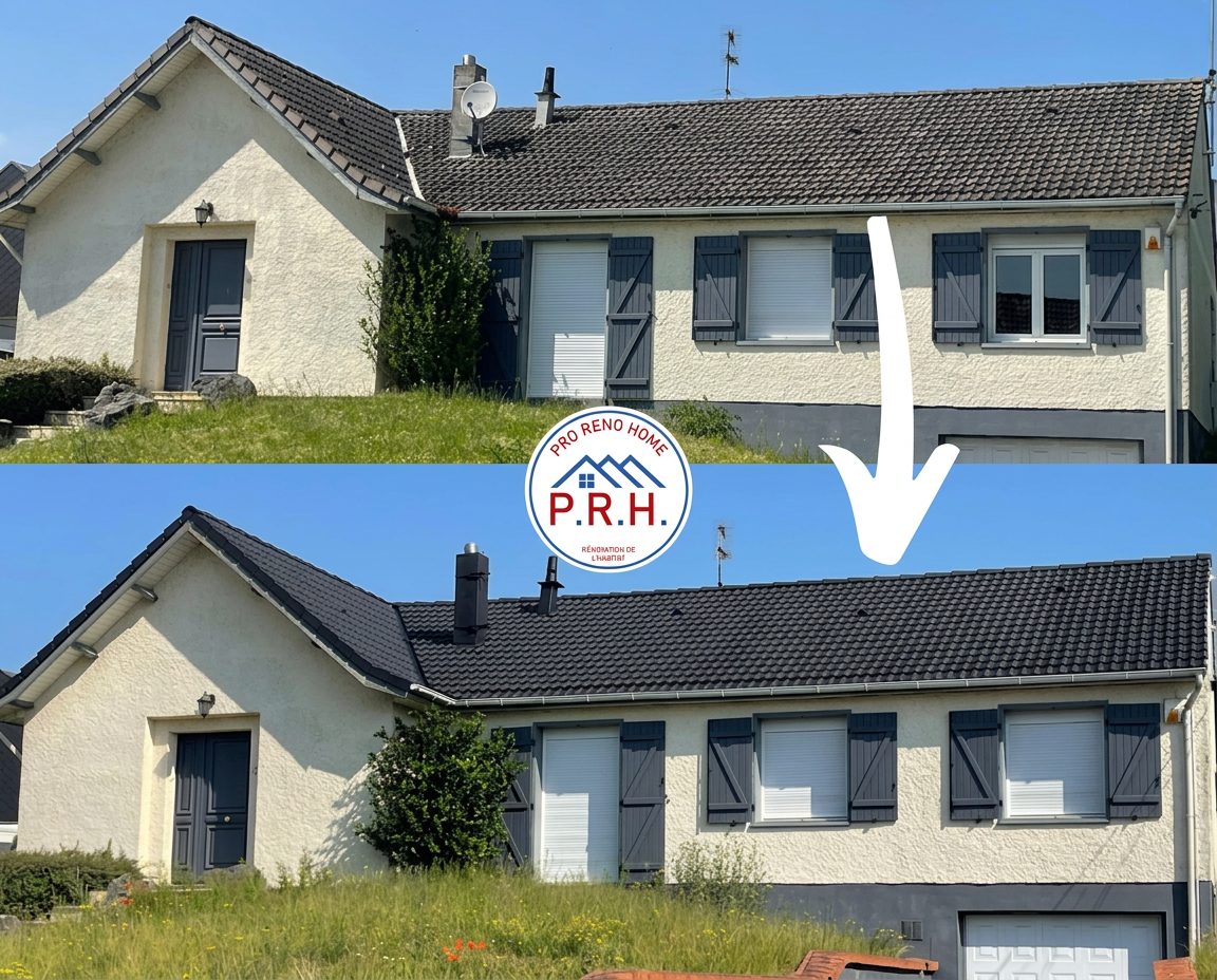 Maison beige dont la couverture en tuiles sombres passe d'un état marqué par les mousses à un état propre, avec le logo Pro Réno Home entre les deux vues