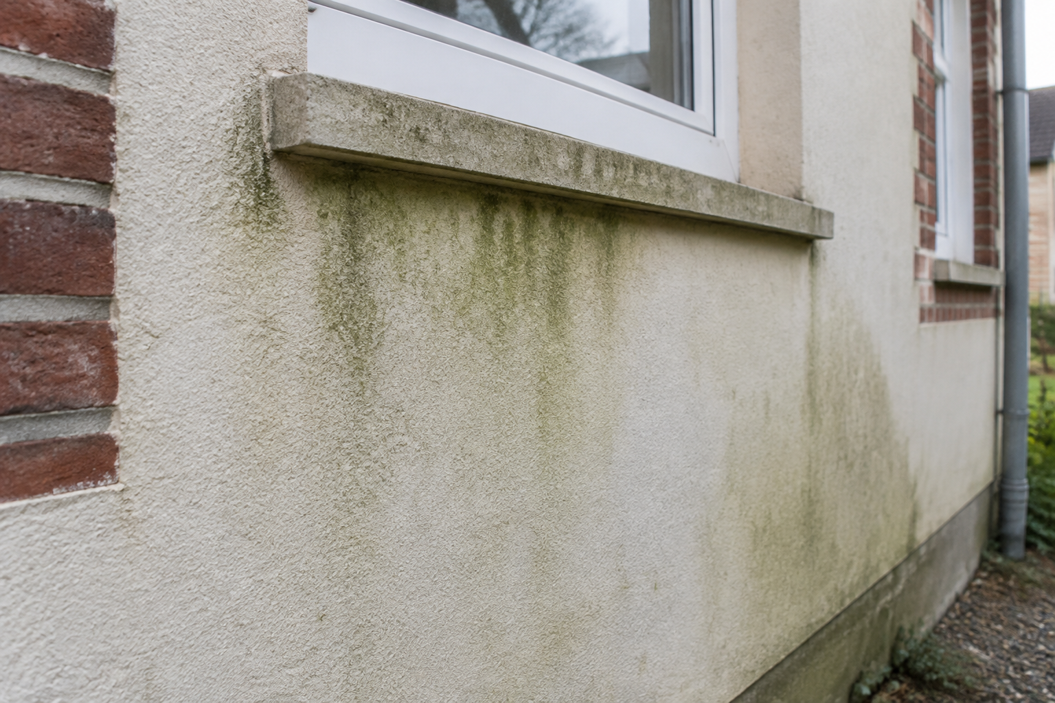Traces vertes sur un enduit clair sous un appui de fenêtre, à côté d’un mur en brique.
