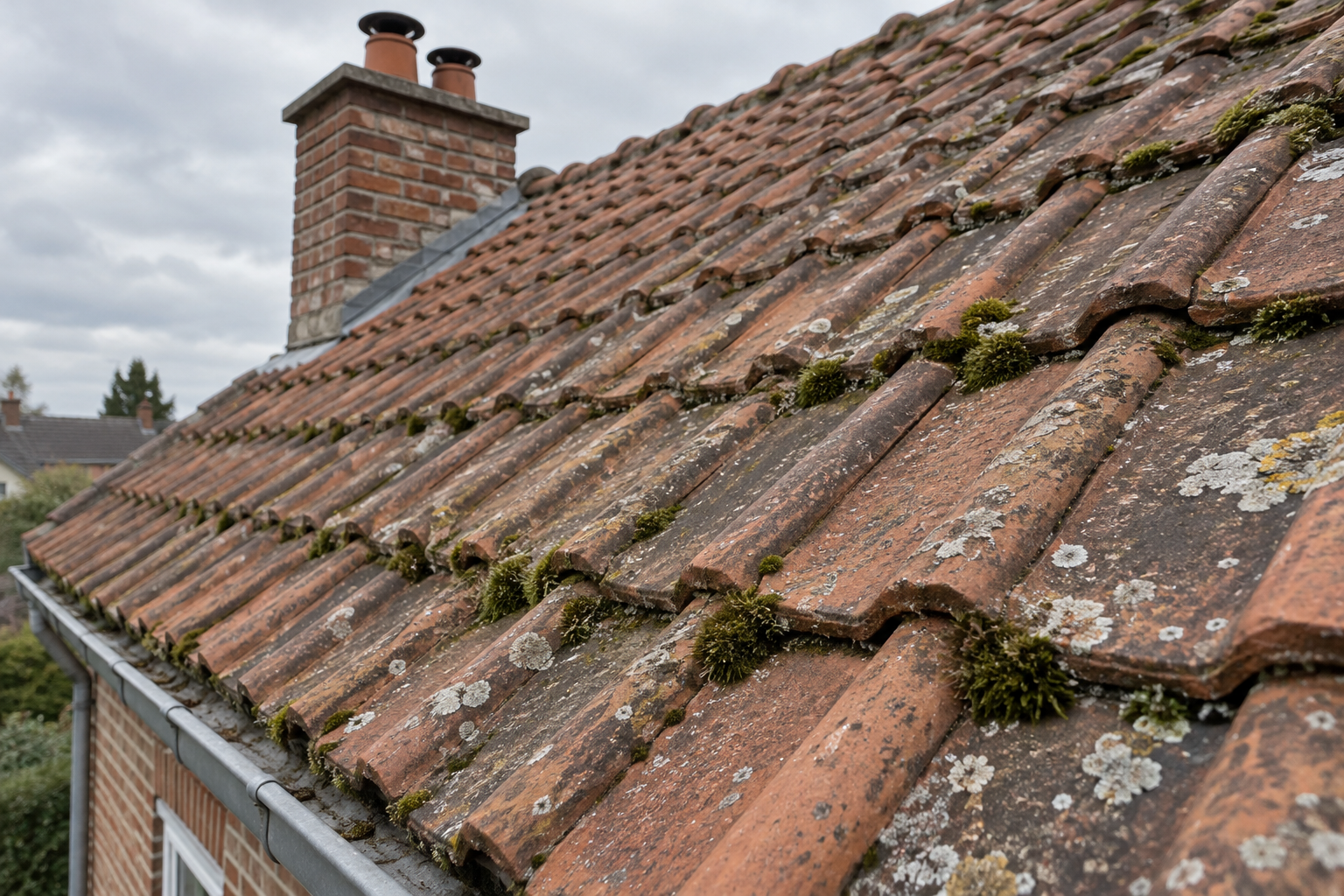 Mousses dans les recouvrements et plaques de lichens sur des tuiles en terre cuite.
